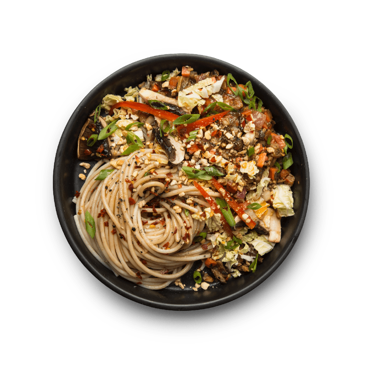 Spicy Beef Ramen Noodles with Egg and Vegetables in Black Bowl PNG Image