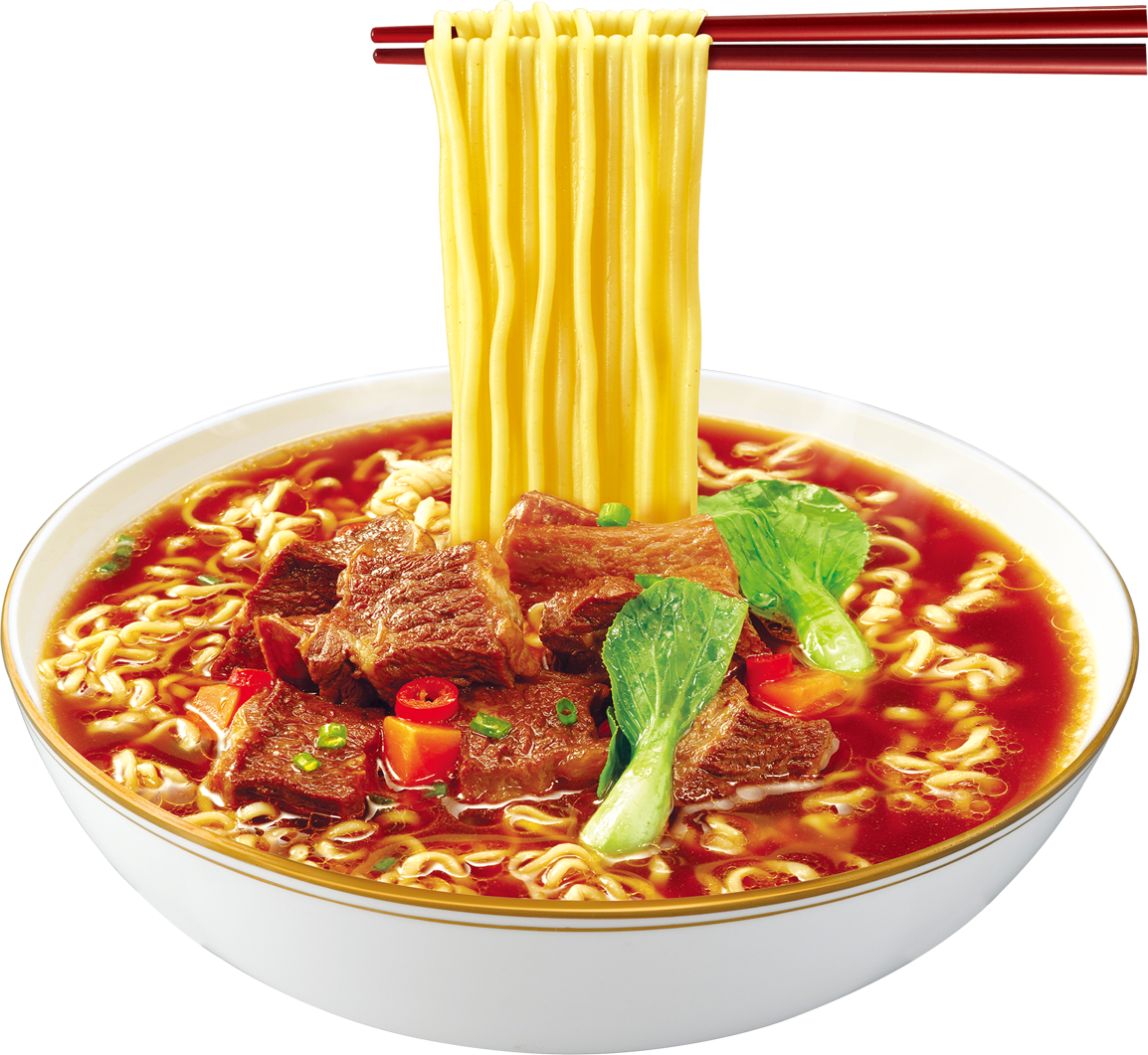 Spicy Red Ramen Noodle Soup with Basil and Chopsticks PNG Food Photo