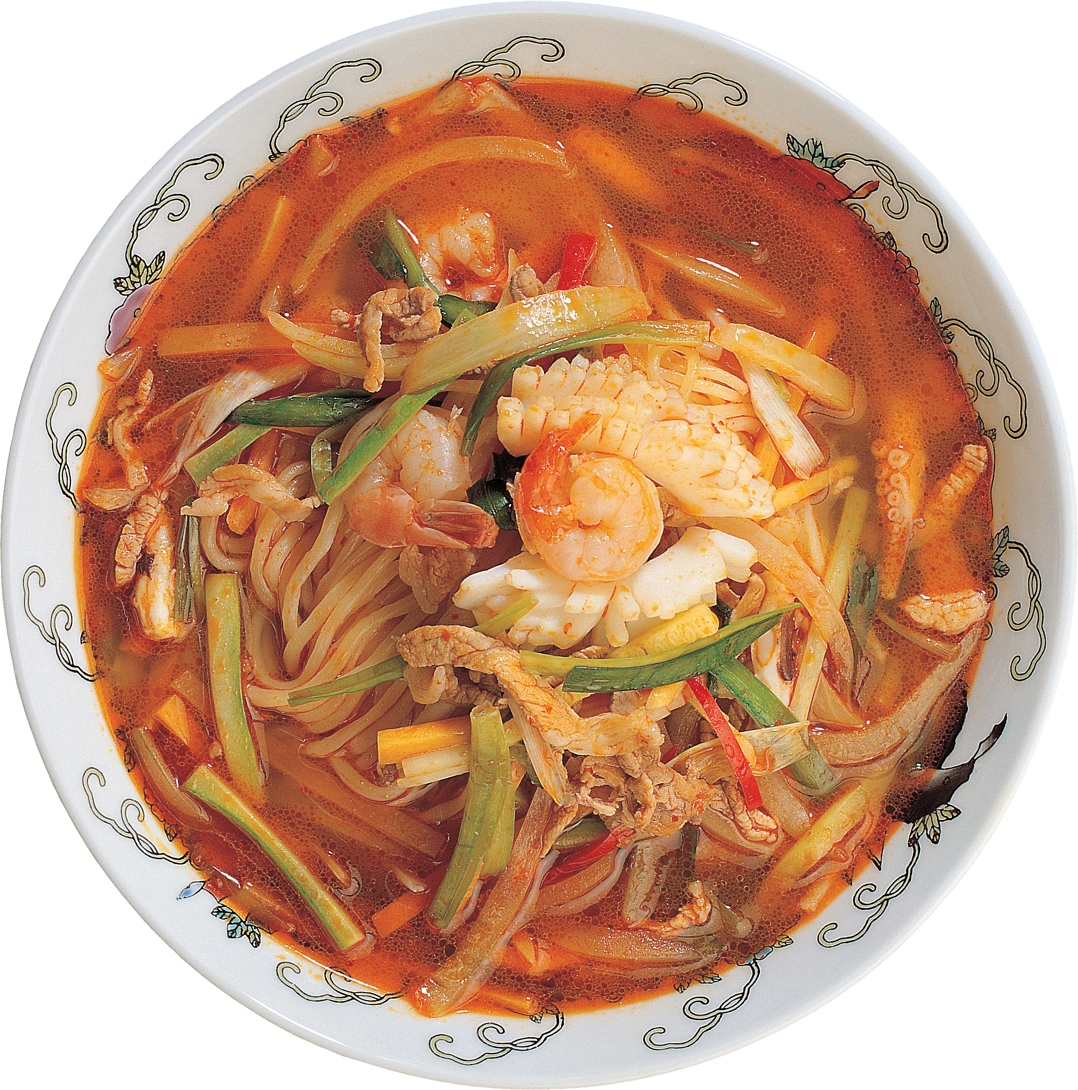 Spicy Seafood Ramen Soup with Shrimp Vegetables and Red Broth PNG Image