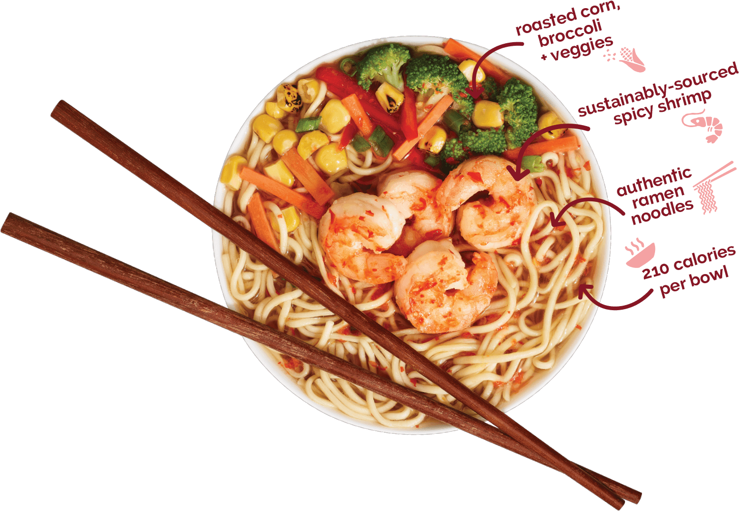 Spicy Shrimp Ramen Bowl with Broccoli Corn Carrots and Chopsticks PNG Graphic