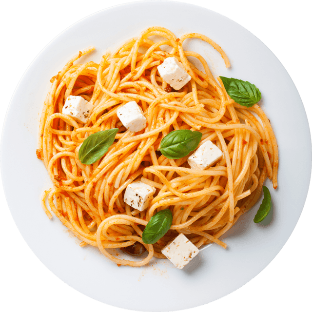 Spicy Stir Fried Noodles with Fresh Herbs on Round White Plate PNG Food Image