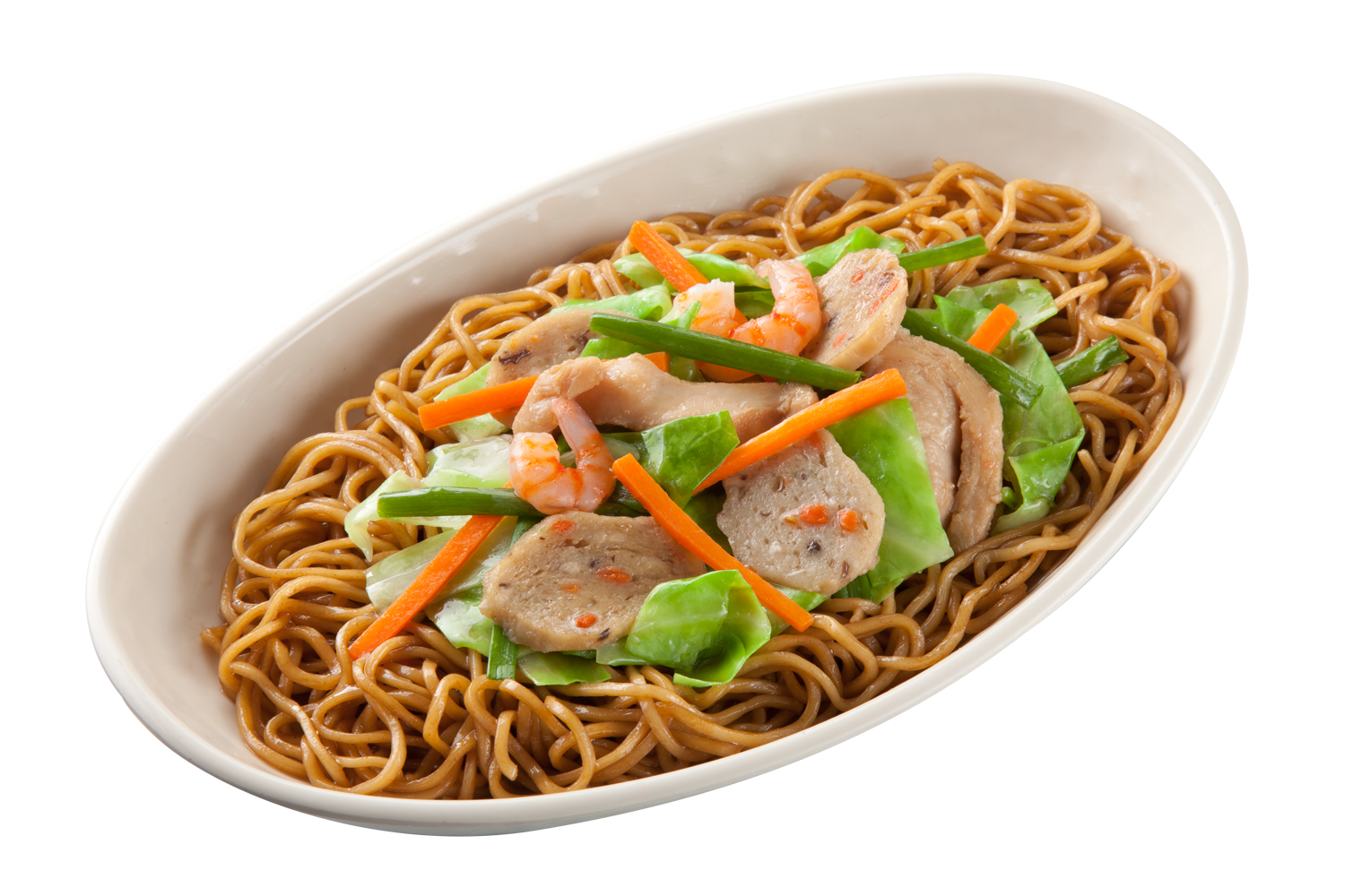 Stir Fried Noodles with Chicken Carrots and Greens on White Oval Plate PNG