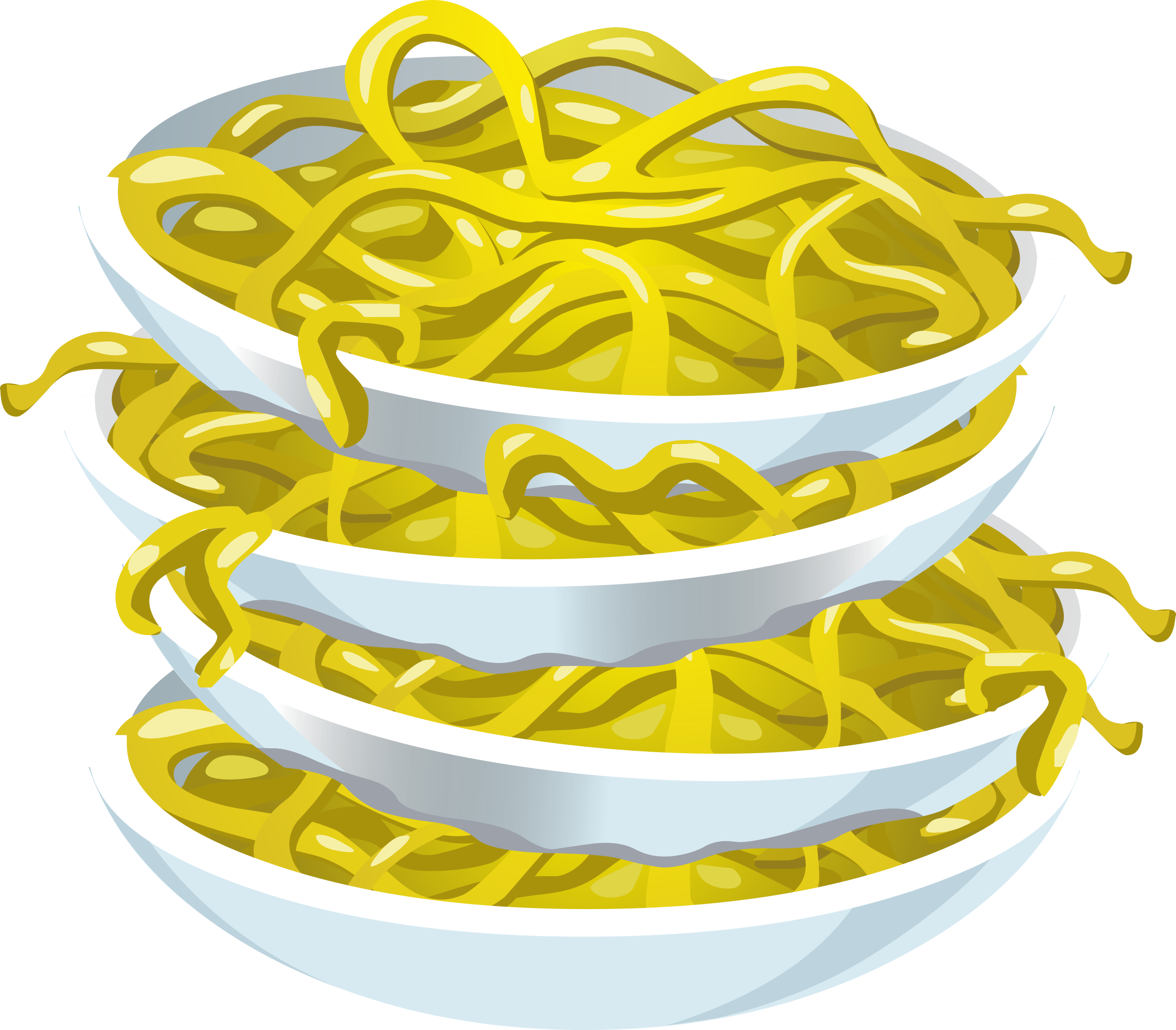 Three White Bowls Stacked with Curly Green Noodles Cartoon PNG Illustration