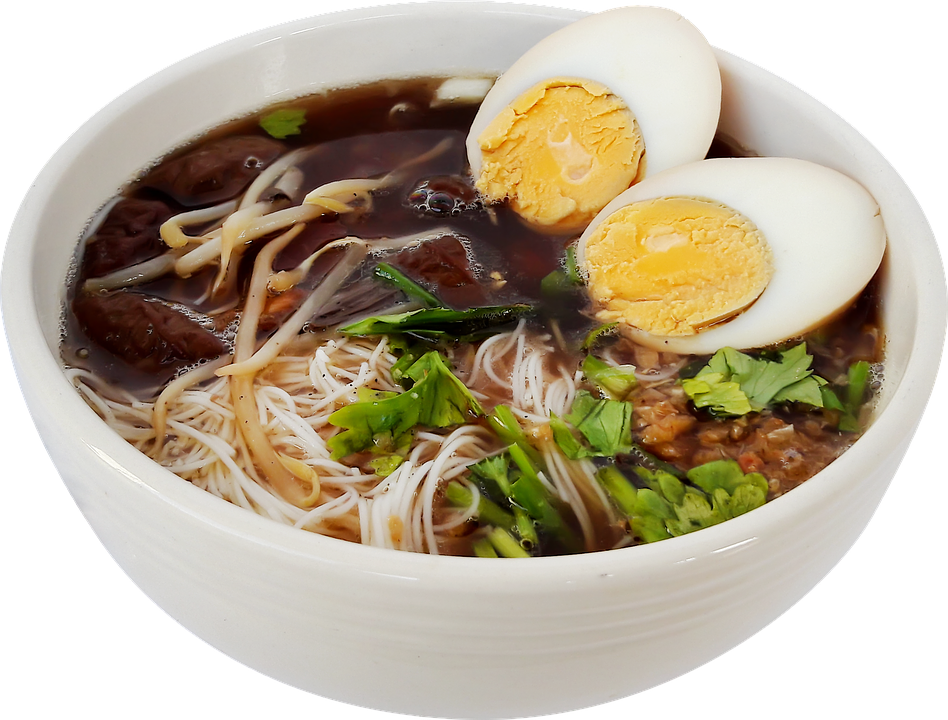 Vietnamese Beef Pho Soup with Noodles and Halved Boiled Eggs PNG Food Image