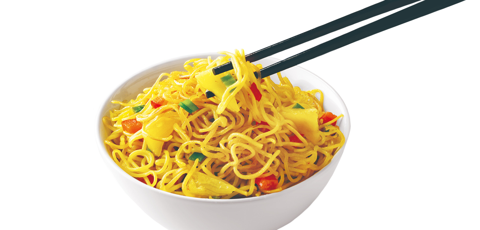 Yellow Noodles Lifted from White Bowl with Chopsticks PNG Food Clipart Image