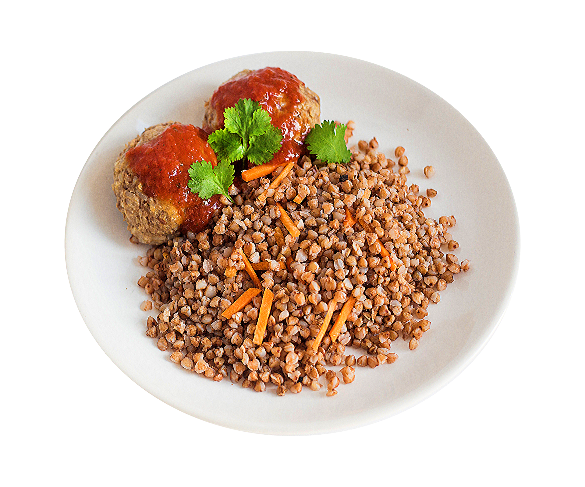 Buckwheat Groats with Meatballs Carrot Sticks and Parsley on Plate PNG Meal Image