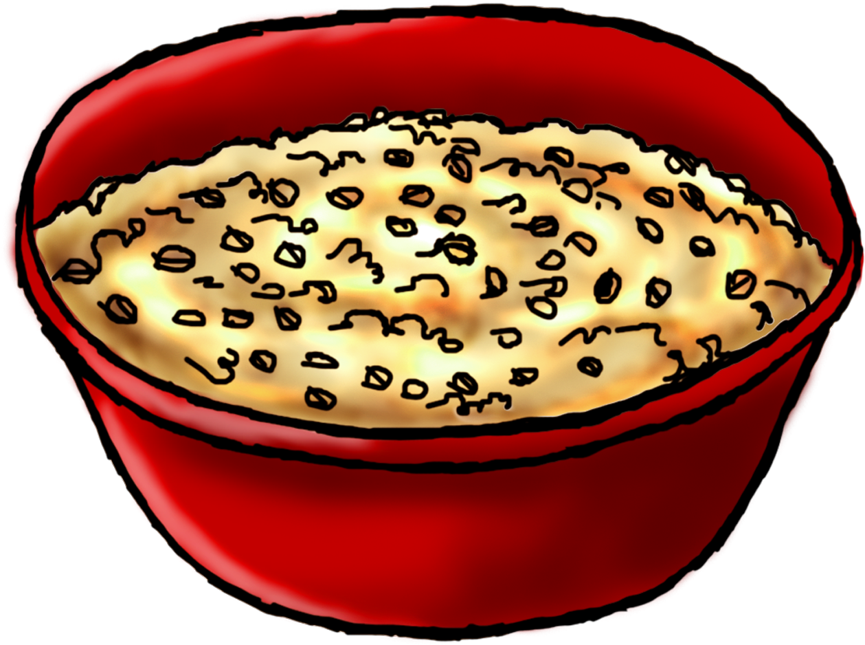Cartoon Red Bowl of Oatmeal Topped with Blueberries and Chocolate Chips PNG