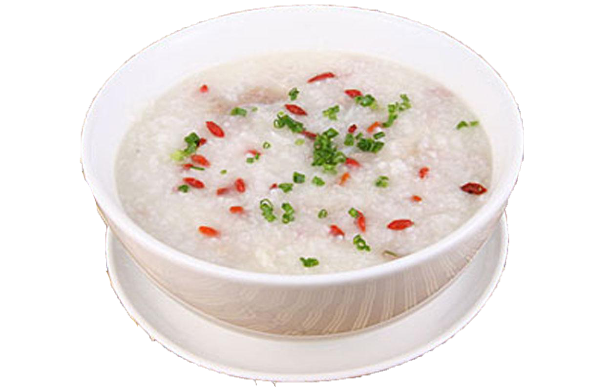 Creamy Savory Rice Porridge with Green Herbs in White Bowl PNG Food Photo
