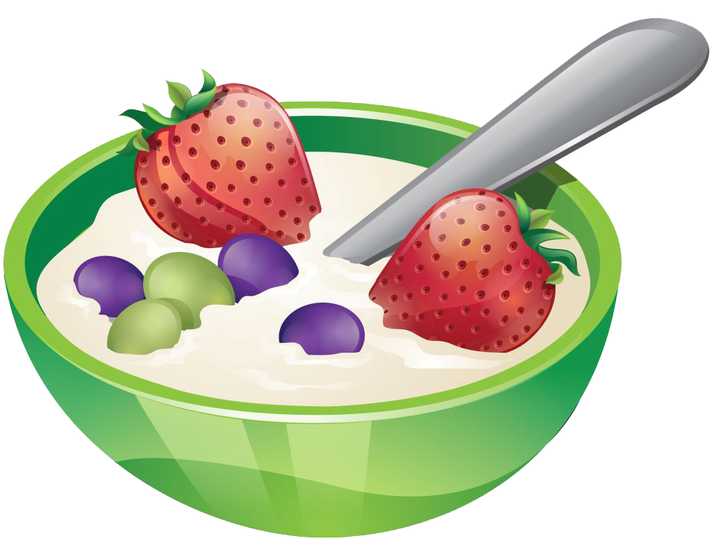 Fruit Yogurt Bowl with Strawberries Blueberries Spoon and Green Rim PNG Image