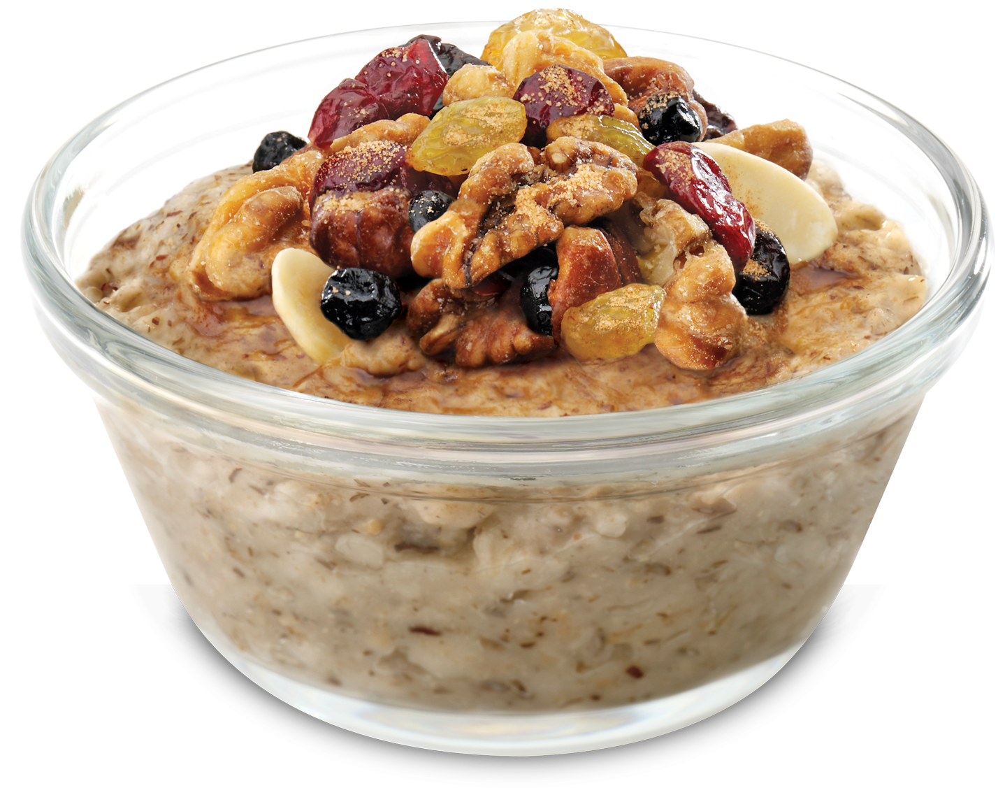 Glass Bowl of Oatmeal Topped with Raisins Nuts and Dried Fruit PNG Food Image