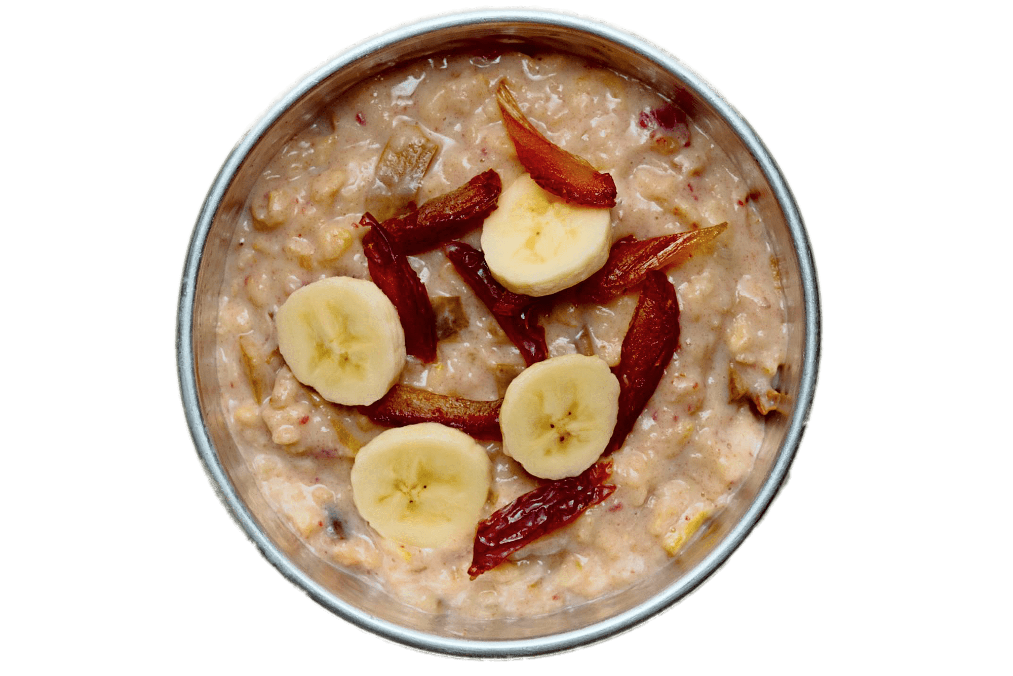 Oatmeal Porridge with Banana Strawberry and Oat Topping in Bowl PNG Food Image
