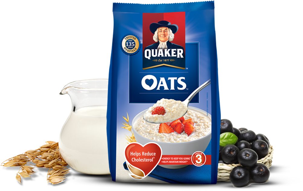 Quaker Oats Box with Milk Pouring and Fresh Blueberries PNG Breakfast Product Image