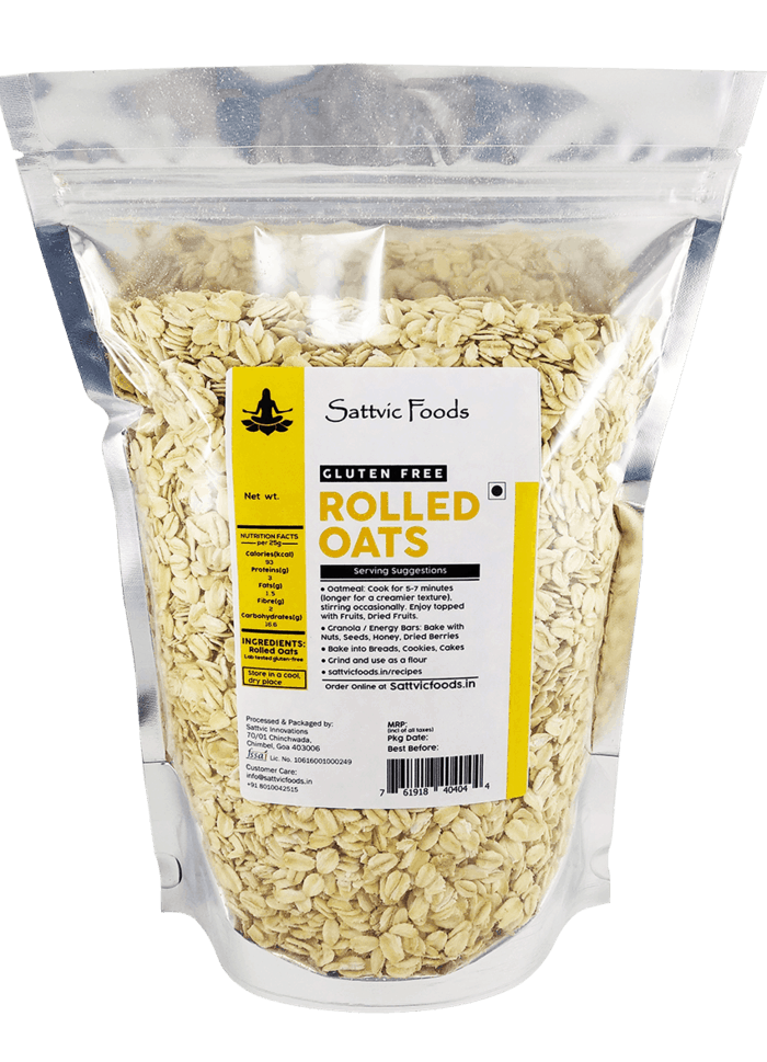 Sattvic Foods Gluten Free Rolled Oats Clear Pouch with Yellow Label PNG Package Image