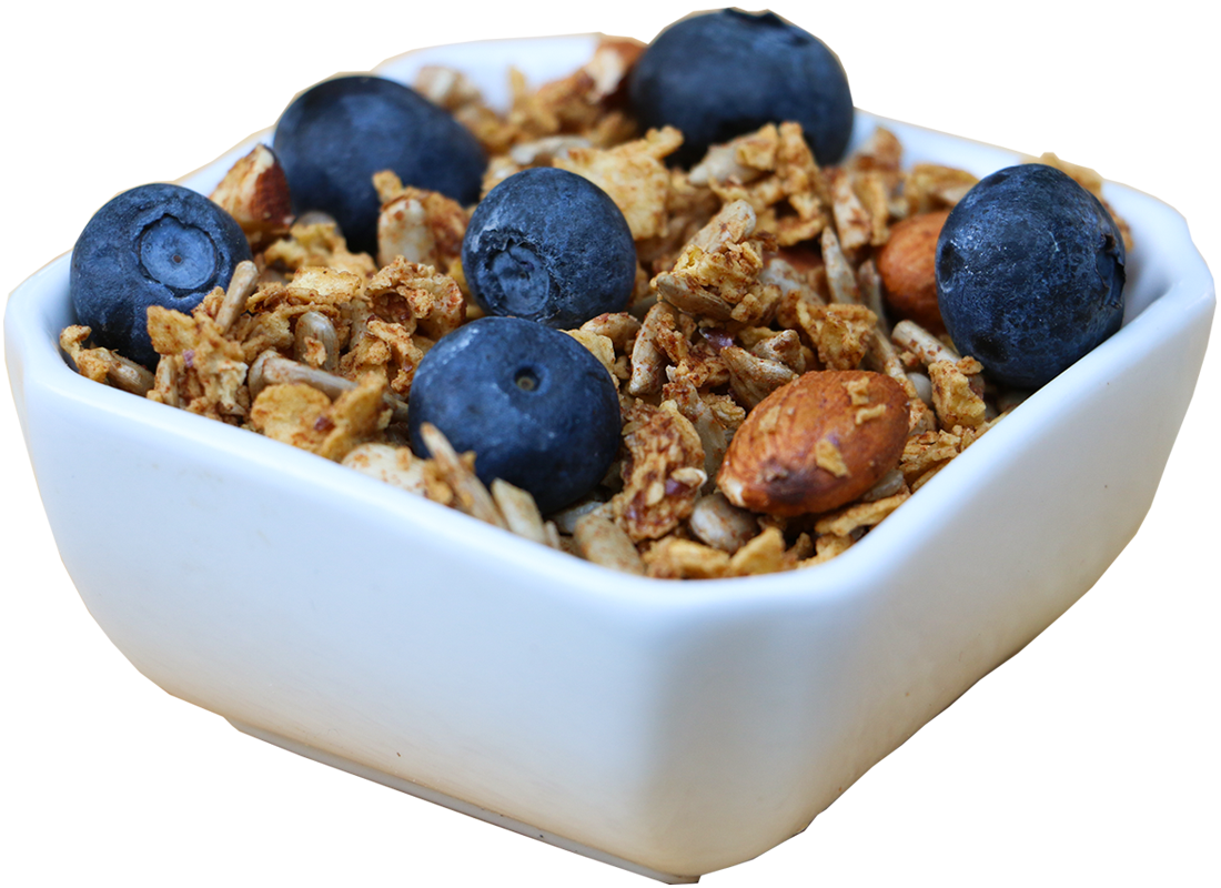 Square White Bowl of Oatmeal with Blueberries Raisins and Nuts PNG Food Image