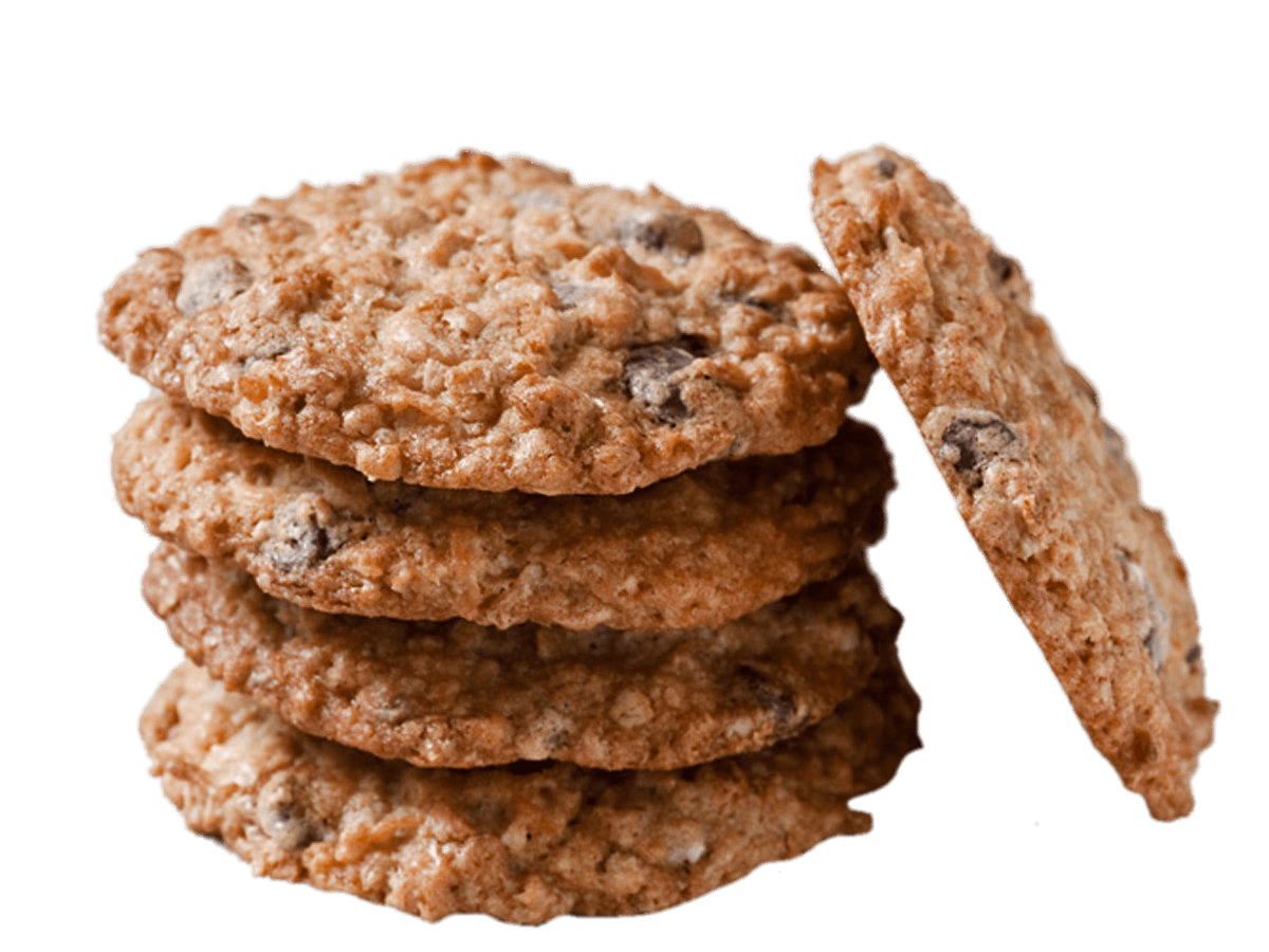 Stack of Golden Oatmeal Cookies with One Cookie Leaning Beside PNG Bakery Image