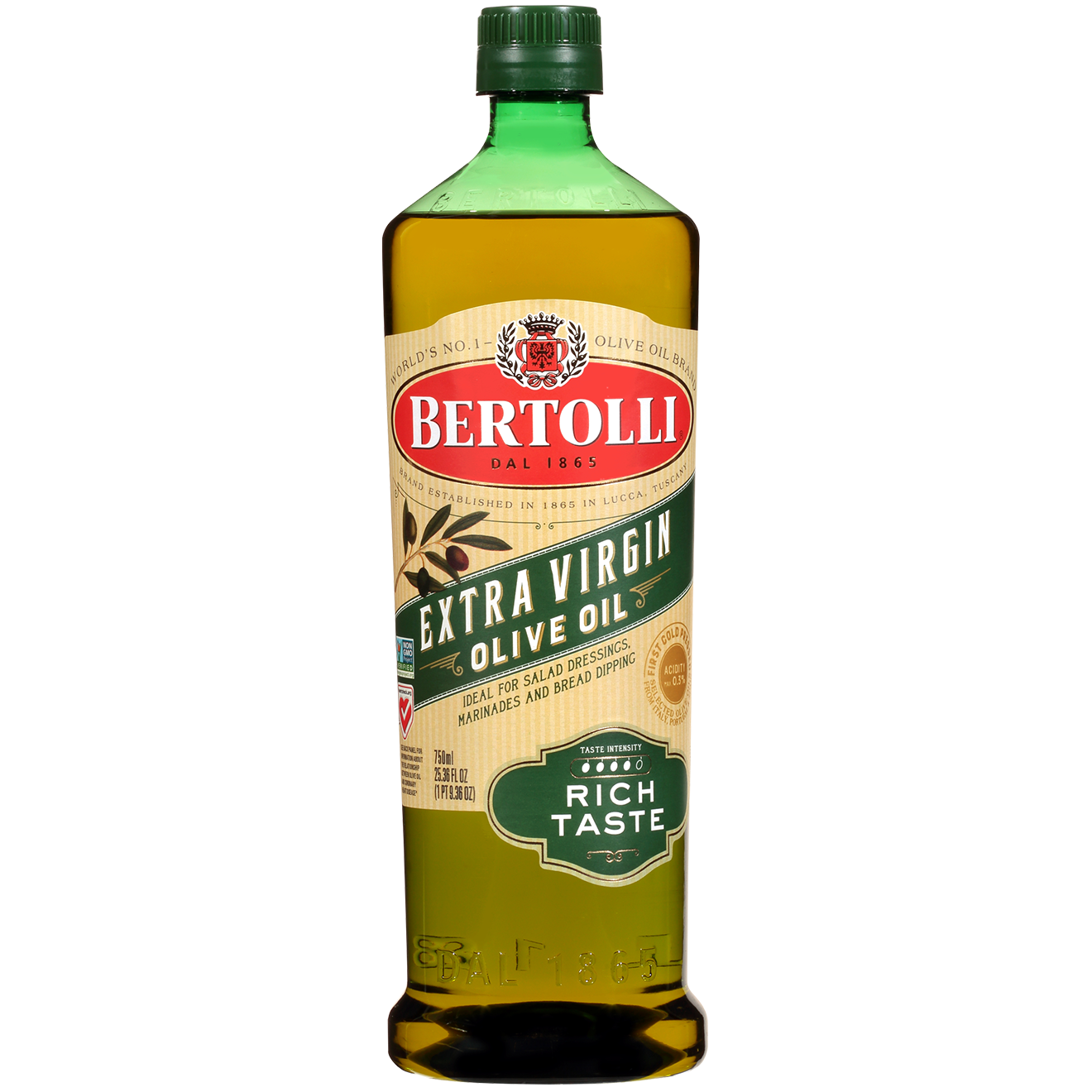 Bertolli Olive Oil Bottle with Green and Yellow Label PNG Image