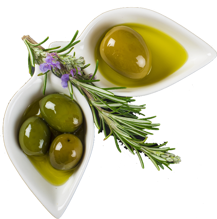 Ceramic Olive Dish with Fresh Olives Rosemary and Golden Oil Transparent Background