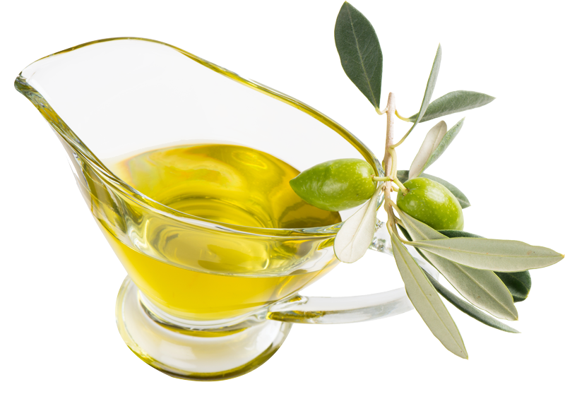 Clear Glass Oil Pourer with Golden Olive Oil and Olive Sprig PNG Image