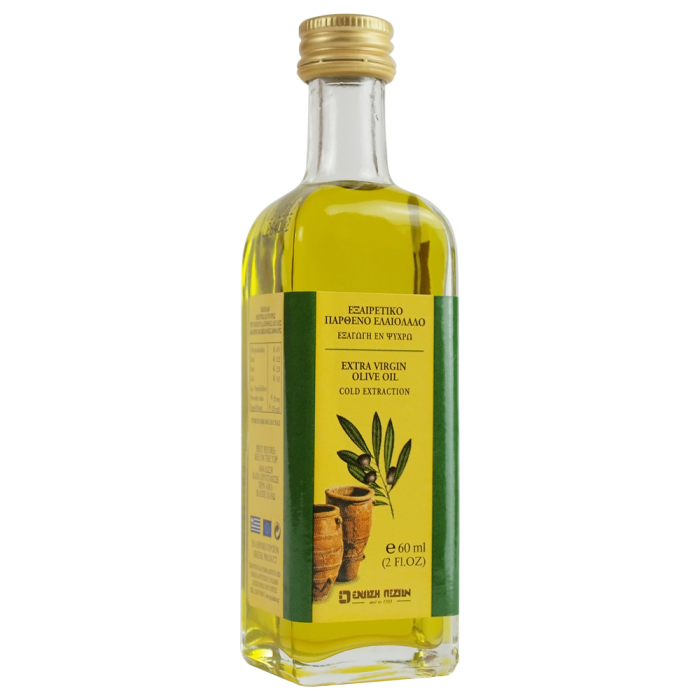 Clear Olive Oil Bottle with Green Olive Branch Label PNG Image