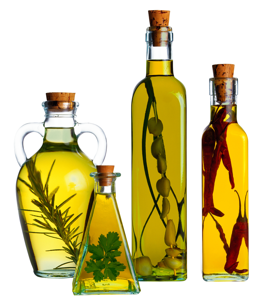 Collection of Glass Olive Oil Bottles with Green Olive Branches PNG Image