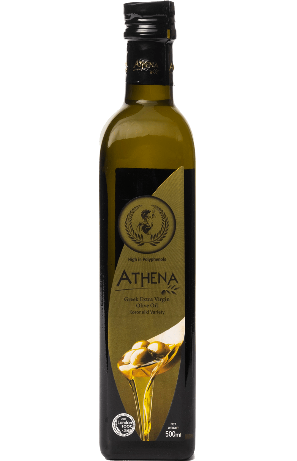Dark Glass Premium Olive Oil Bottle with Gold Label Isolated PNG Image