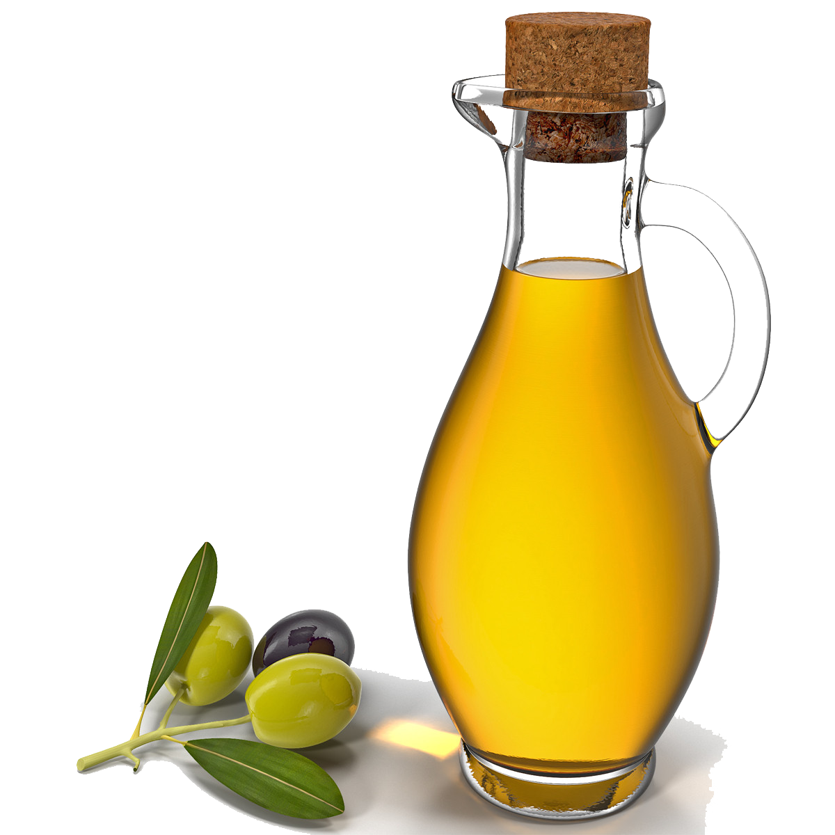 Glass Cruet Filled with Golden Olive Oil and Green Olives PNG Image