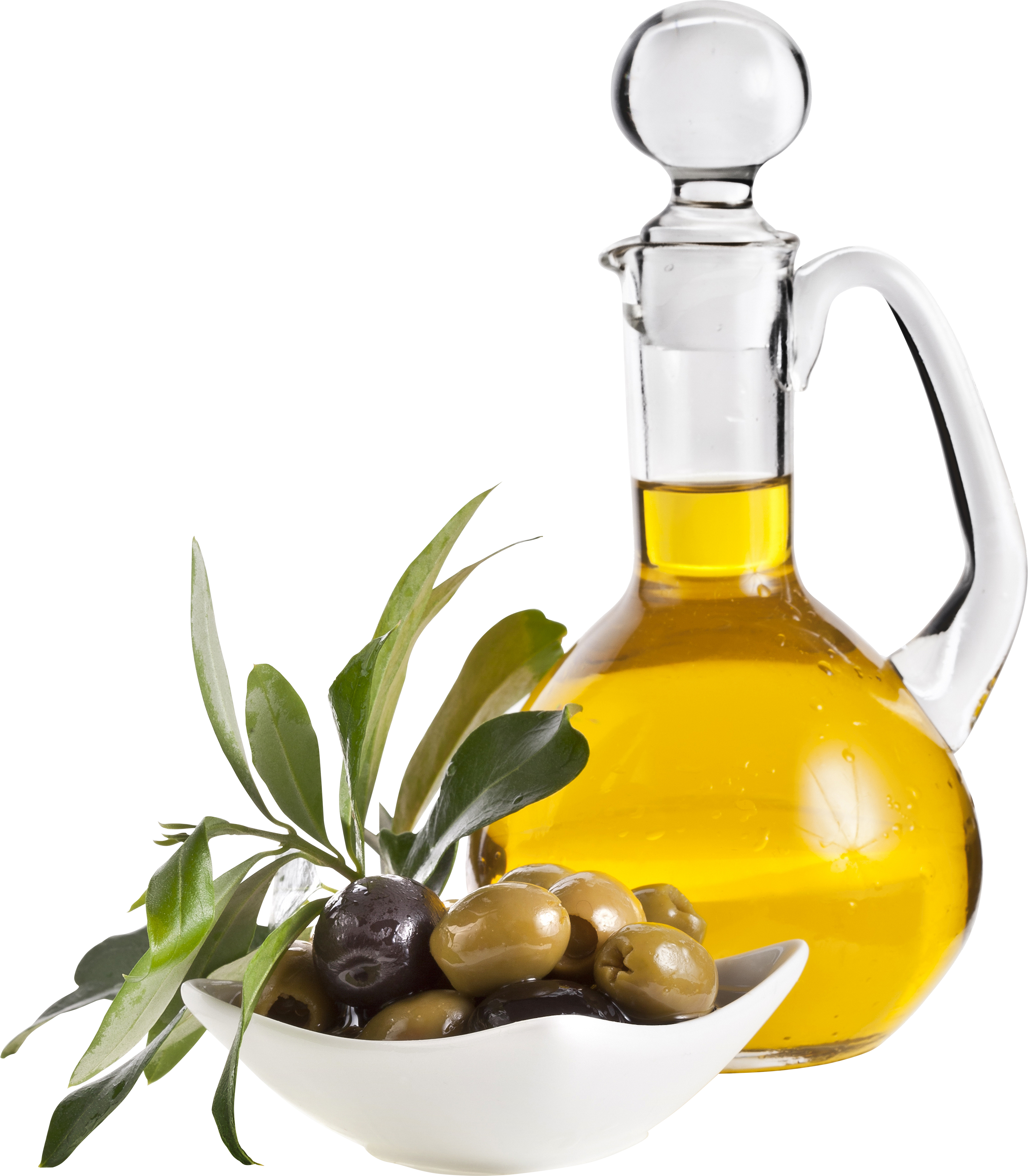 Glass Olive Oil Cruet with Olives and Branch on White Transparent Background