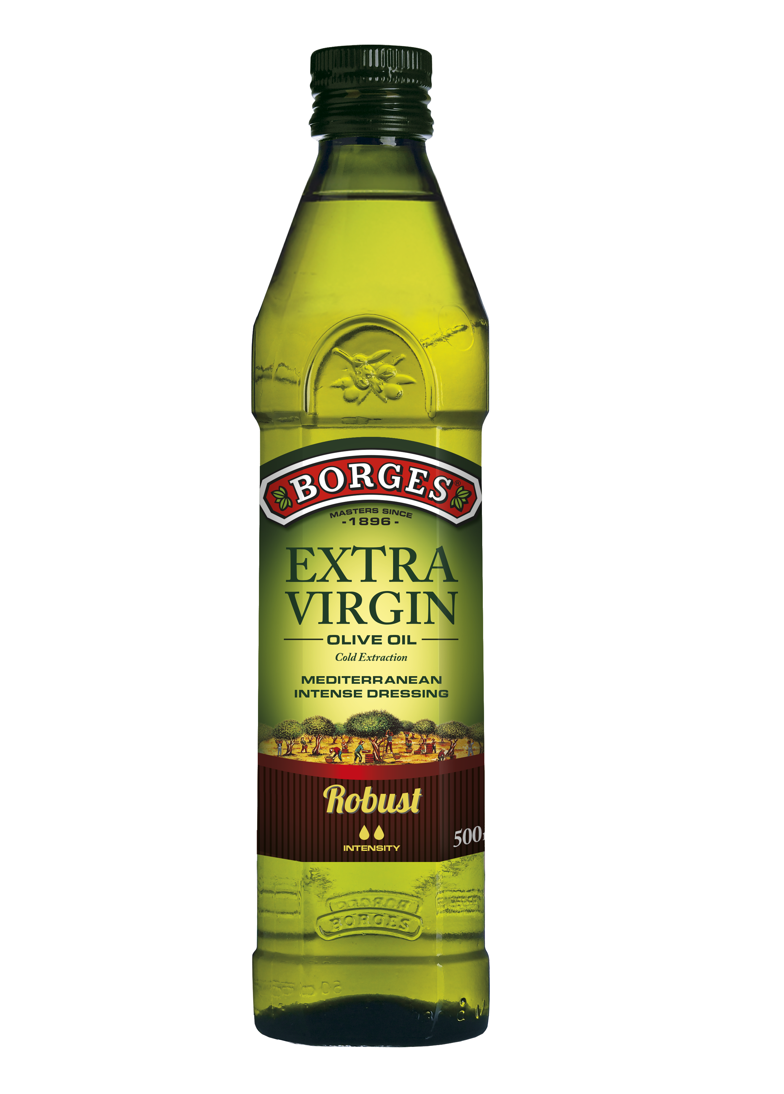 Green Glass Olive Oil Bottle with Purple and Gold Label Product PNG Image