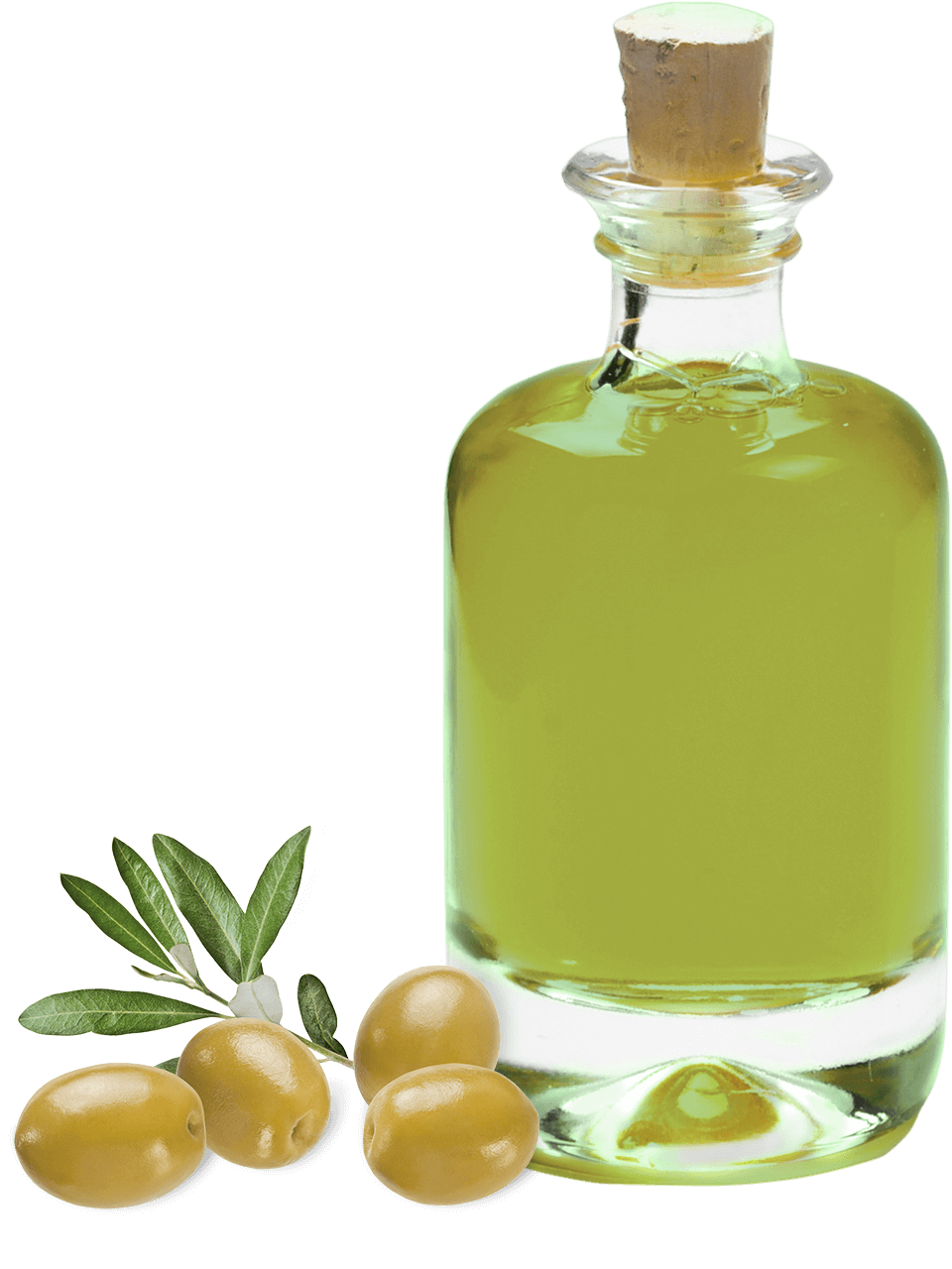 Green Olive Oil Cruet with Fresh Olives and Leaves PNG Image