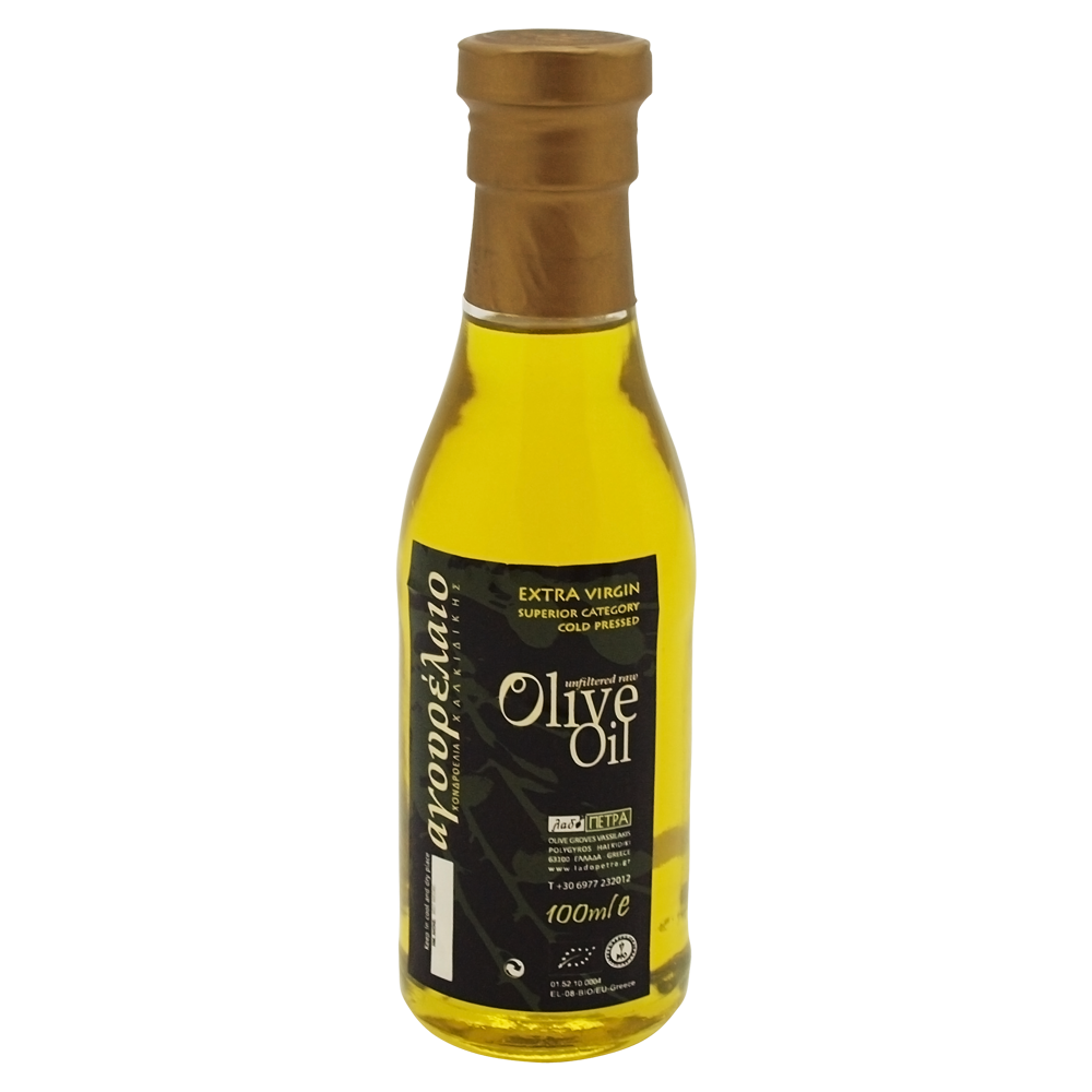 Small Dark Glass Olive Oil Bottle with Gold Label Isolated PNG Image