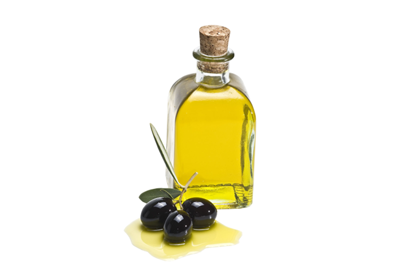 Small Glass Bottle of Golden Olive Oil with Whole Black Olives PNG Image