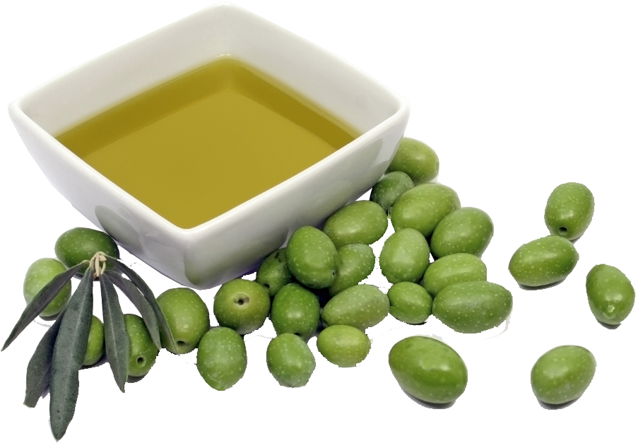 Square Bowl of Golden Olive Oil with Fresh Green Olives Transparent PNG Image