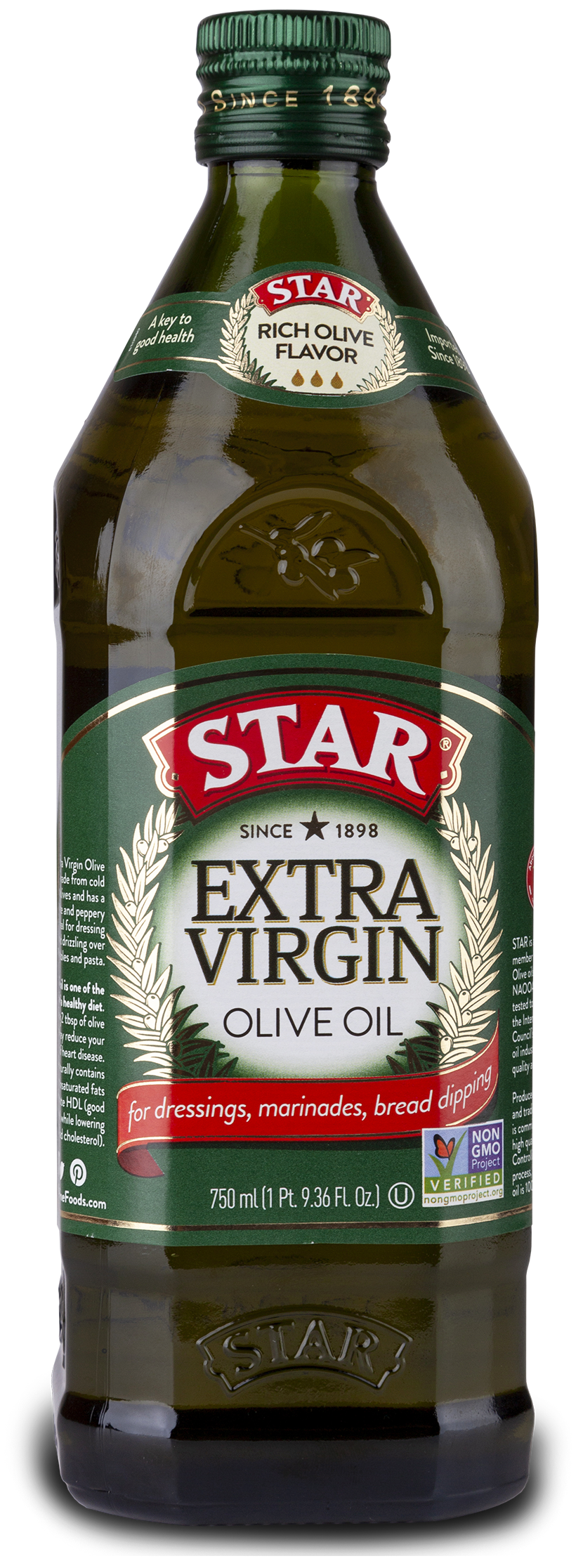 Star Brand Olive Oil Dark Bottle with Red and Green Label PNG Image