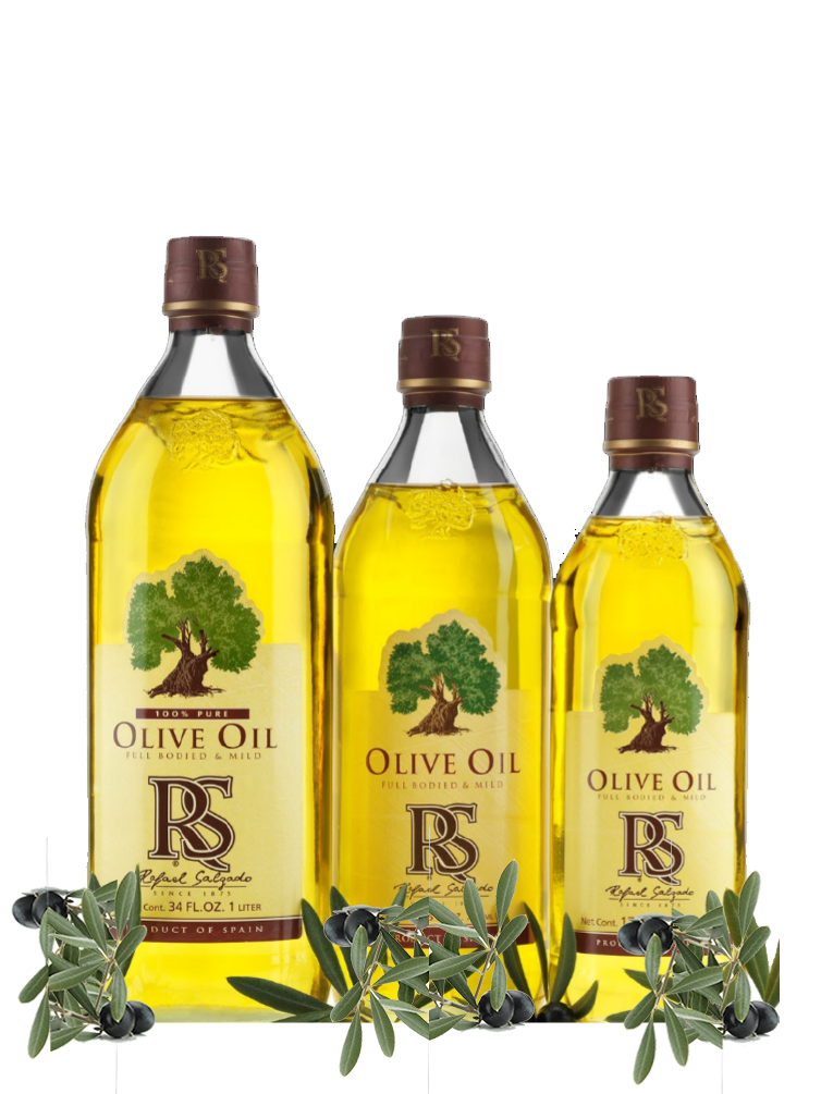 Three Bottles of Olive Oil with Fresh Leaves and Olives PNG Image