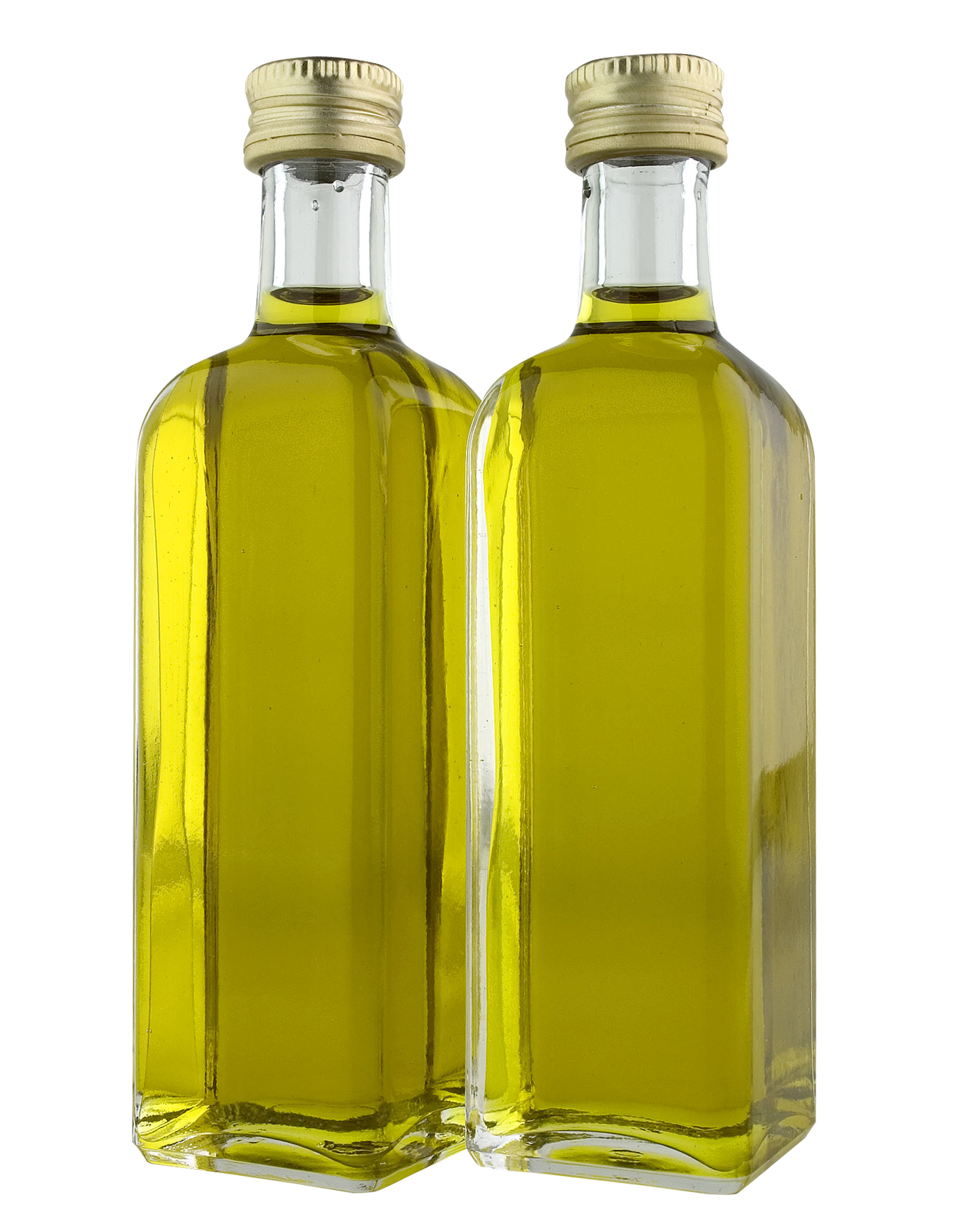 Twin Clear Glass Bottles Filled with Golden Olive Oil Isolated PNG Image