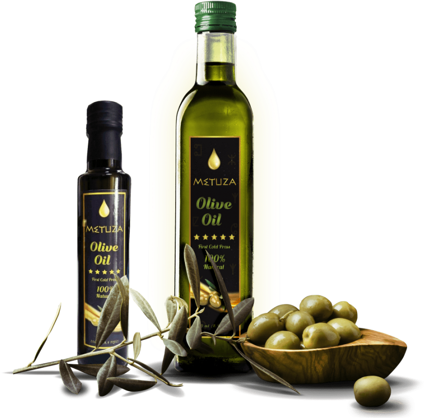 Two Dark Olive Oil Bottles with Fresh Olives and Silver Pourer PNG Image