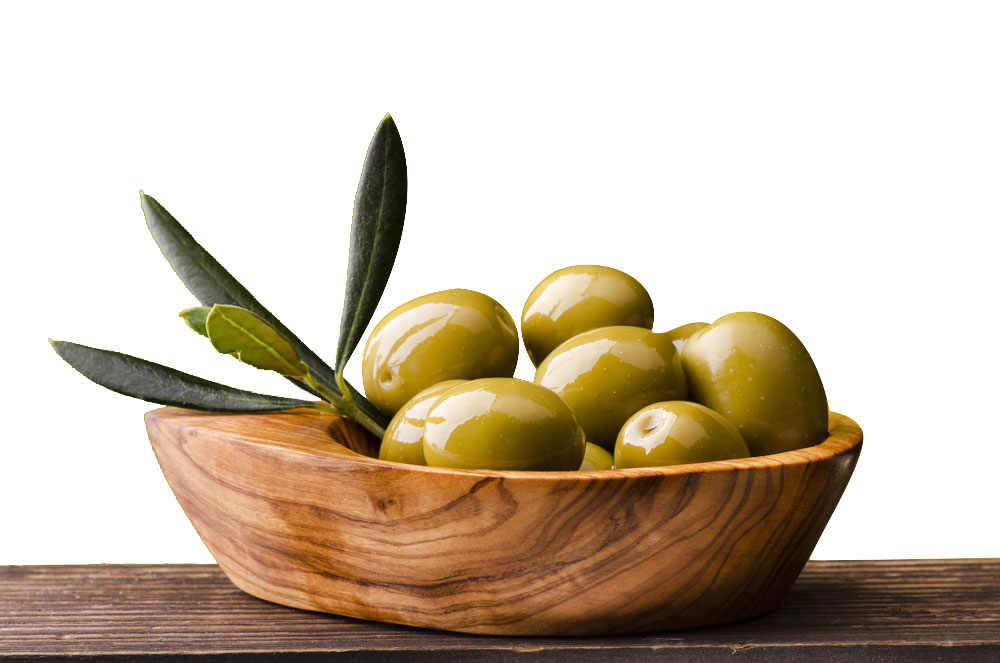 Wooden Bowl Filled with Fresh Green and Black Olives on Rustic Table PNG Image