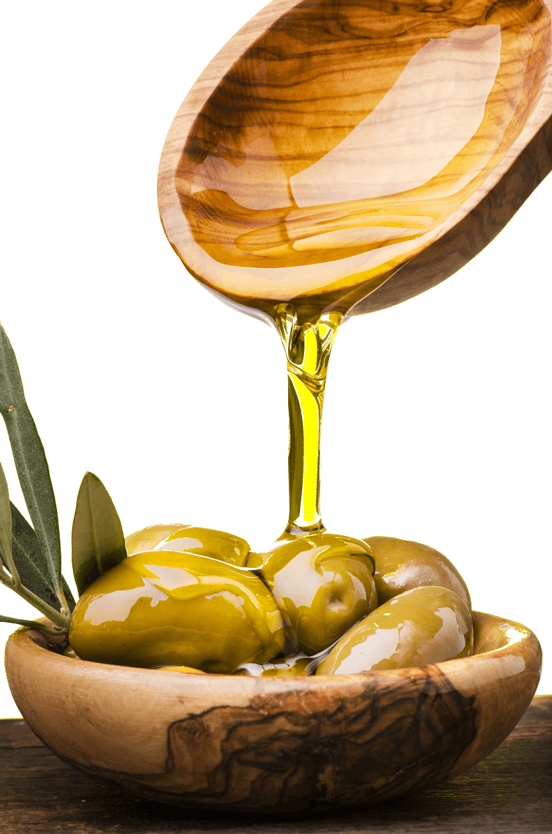 Wooden Ladle Pouring Extra Virgin Olive Oil Over Green Olives PNG Image