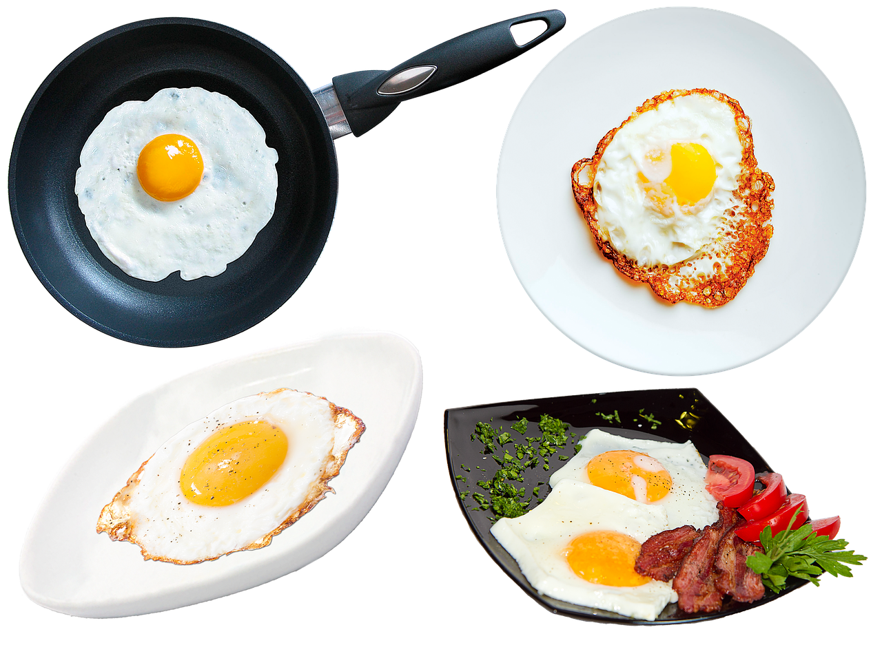 Assorted Fried Eggs Sunny Side Up on Small Plates PNG Food Collage