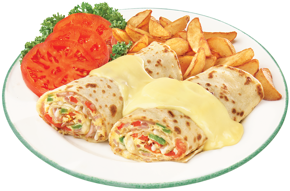 Assorted Stuffed Omelette Wraps with Tomatoes and Potato Wedges PNG Image