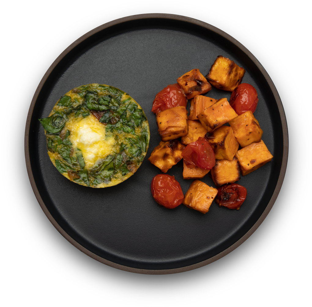 Black Plate with Fried Egg Green Spinach and Roasted Potatoes PNG Image