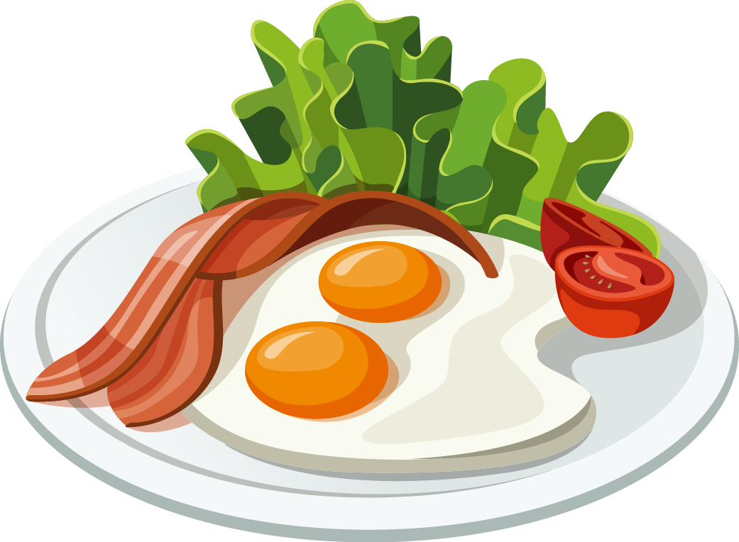 Breakfast Plate with Two Fried Eggs Tomato and Savory Meat Strips PNG Image