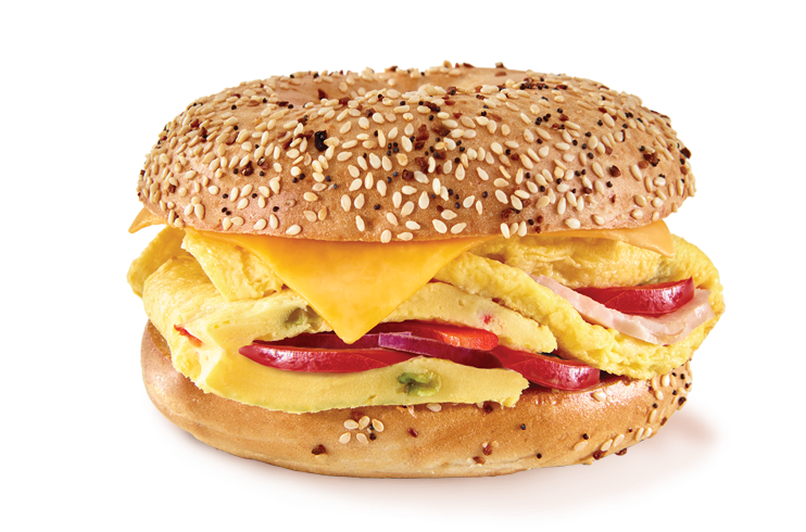 Breakfast Sandwich with Egg Cheese and Deli Meat on Seeded Bun PNG Image