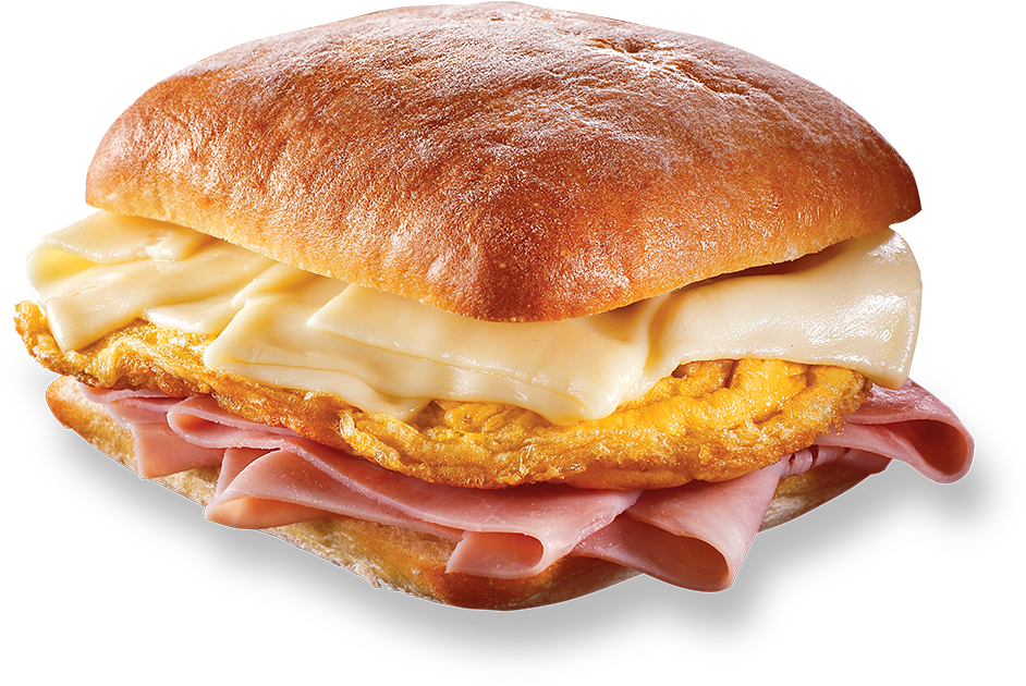 Breakfast Sandwich with Fried Egg Cheese and Savory Meat PNG Image