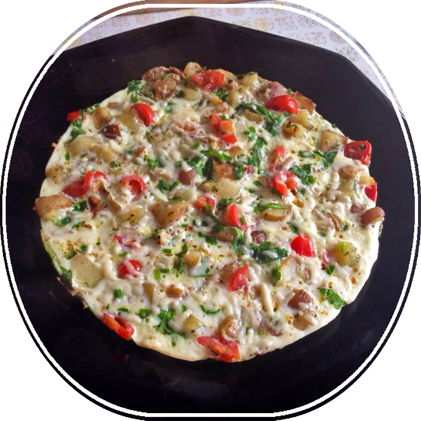 Creamy Scrambled Egg Omelette with Green Peas in Black Dish PNG Image