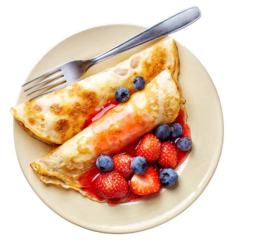 Folded Golden Omelette with Fresh Berries on White Plate PNG Image
