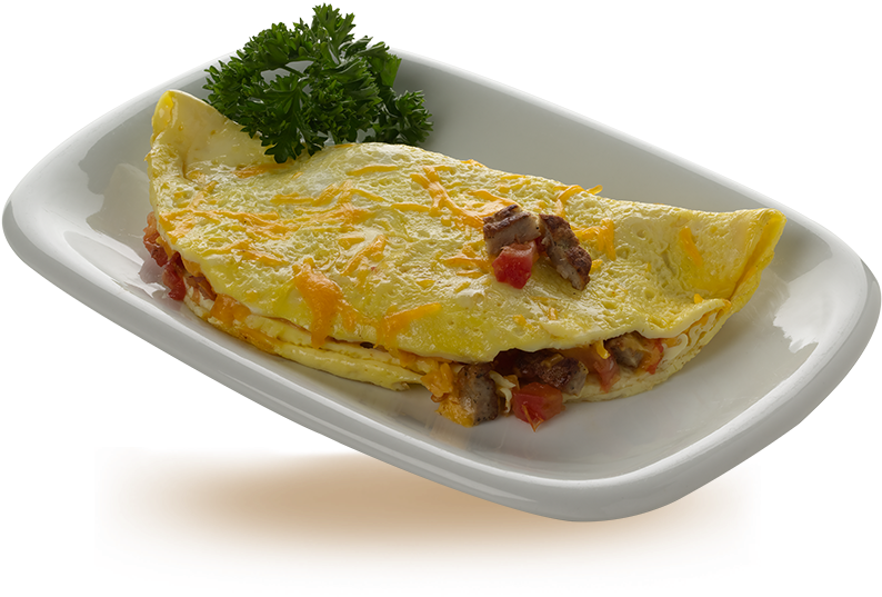 Folded Vegetable Omelette with Tomato and Herb Filling on Plate PNG Image