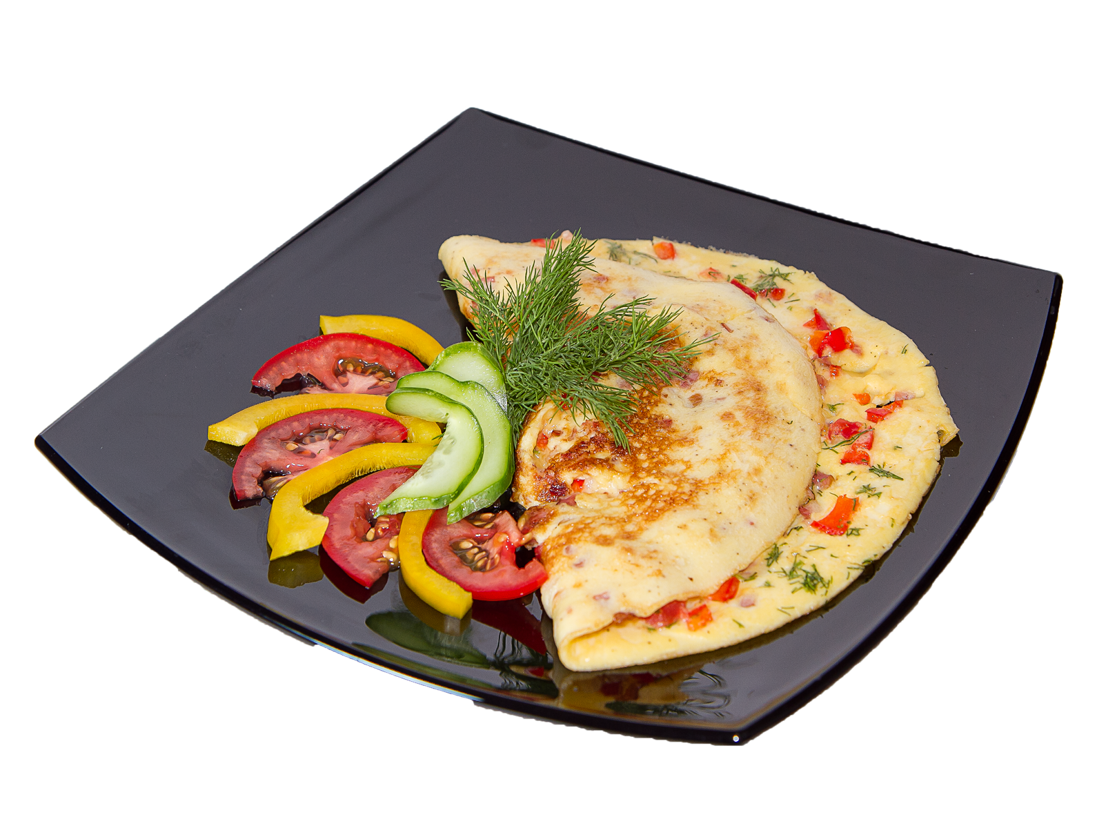 Golden Vegetable Omelette with Fresh Greens on Dark Serving Board PNG Image