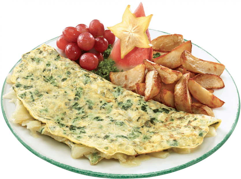 Herb Omelette with Breakfast Potatoes and Fresh Fruit on Plate PNG Image