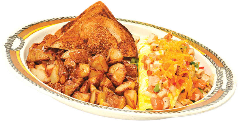 Roasted Potato Cubes and Savory Meat Strips on Platter PNG Image